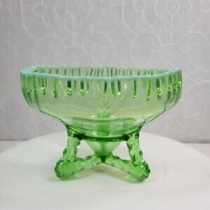 Vintage Jefferson Art Glass Candy Dish Bowl Green Opalescent Footed Ruffle Edge